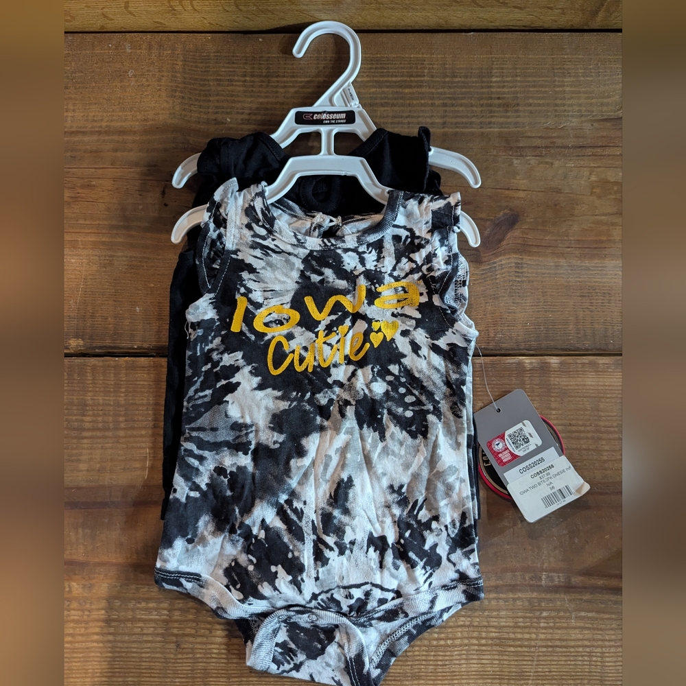 NWT Iowa Hawkeye 2 Pk Bodysuits 3/6 Mo Infant Girl Ruffle Tye Die Black White